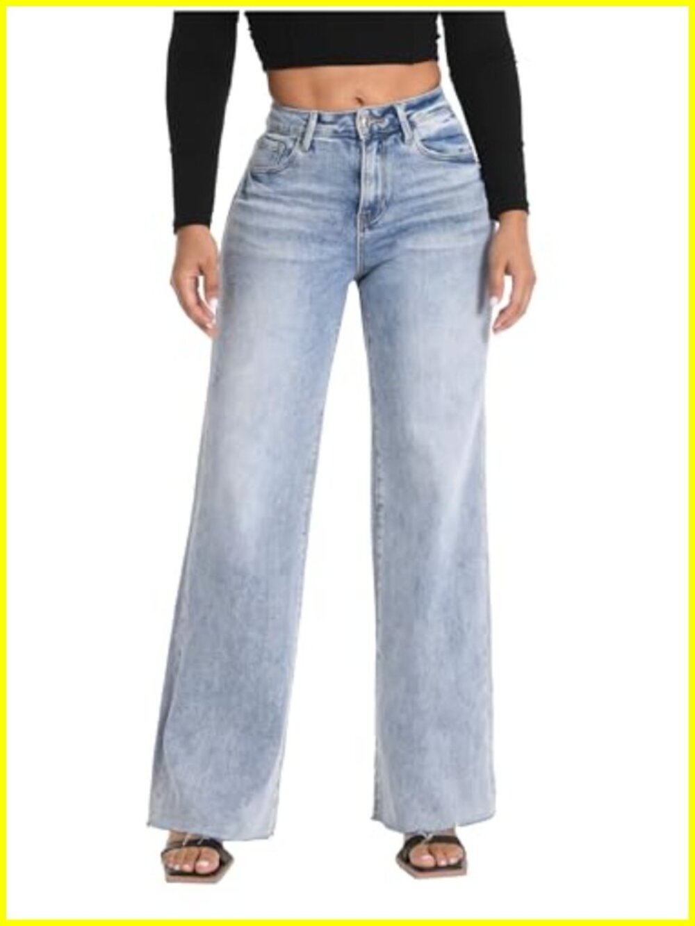 High Waisted Wide Leg Tummy Control Stretchy Baggy Denim Jeans Women Raw Hem